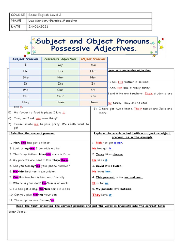 Subject And Object Pronouns Possessive Adjectives PRONOUNS – ENGLISH