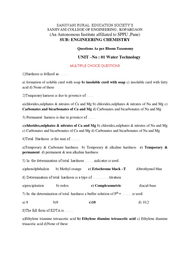 Engineering Chemistry MCQs on Water Technology | PDF | Ion Exchange ...