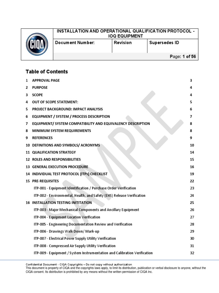CIQA Installation and Operational Qualification Protocol IOQ Equipment Template PDF