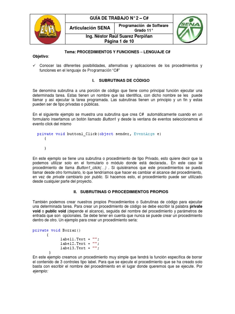 Guia2 - Procedimientos, Funciones y Menus (C#) | PDF | Parámetro ...
