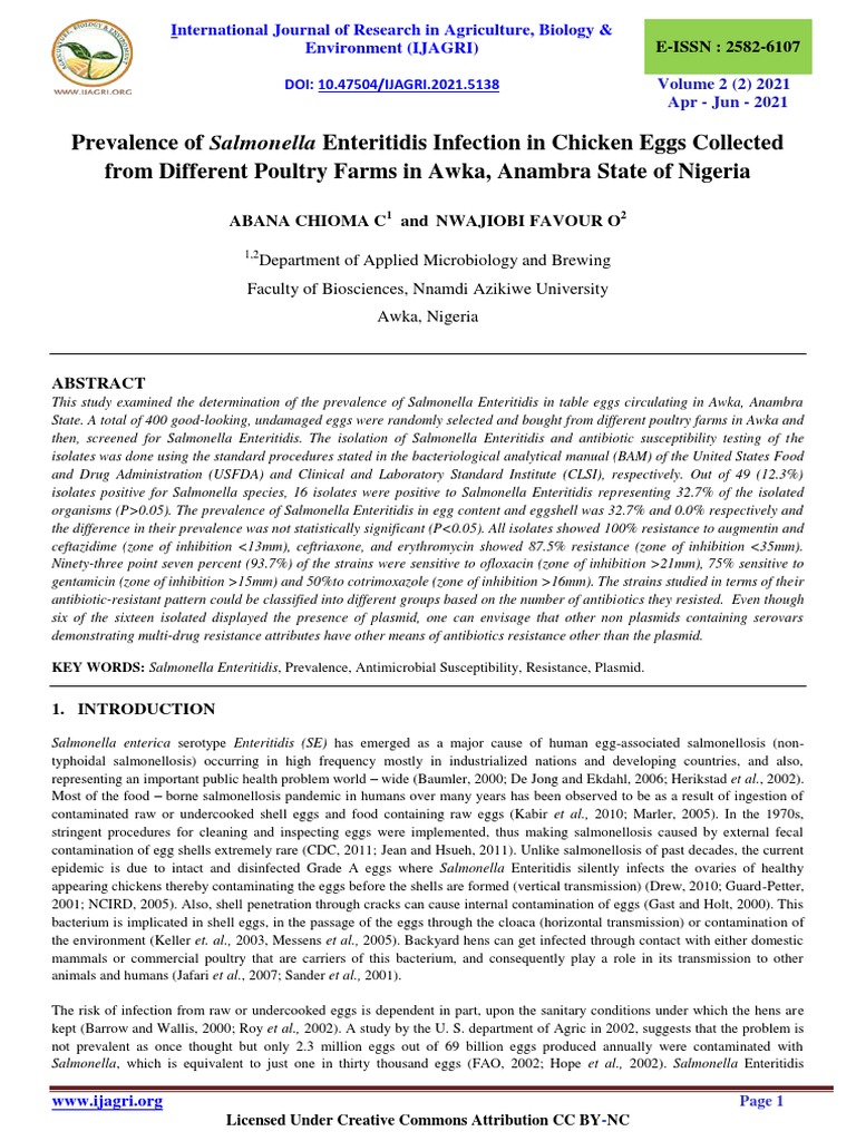 Prevalence of Salmonella Enteritidis Infection in Chicken Eggs ...