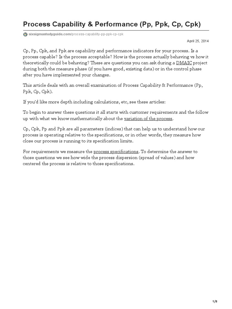 Process Capability Amp Performance PP PPK CP CPK PDF Six Sigma