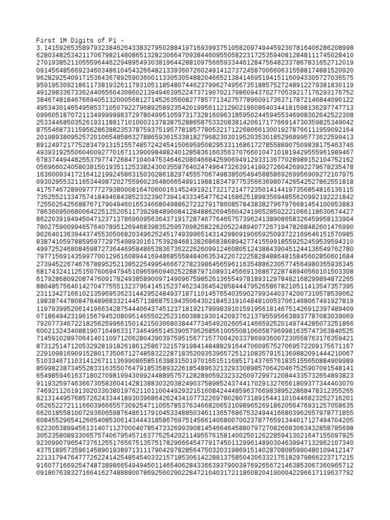 First 1 Million Digits of Pi PDF