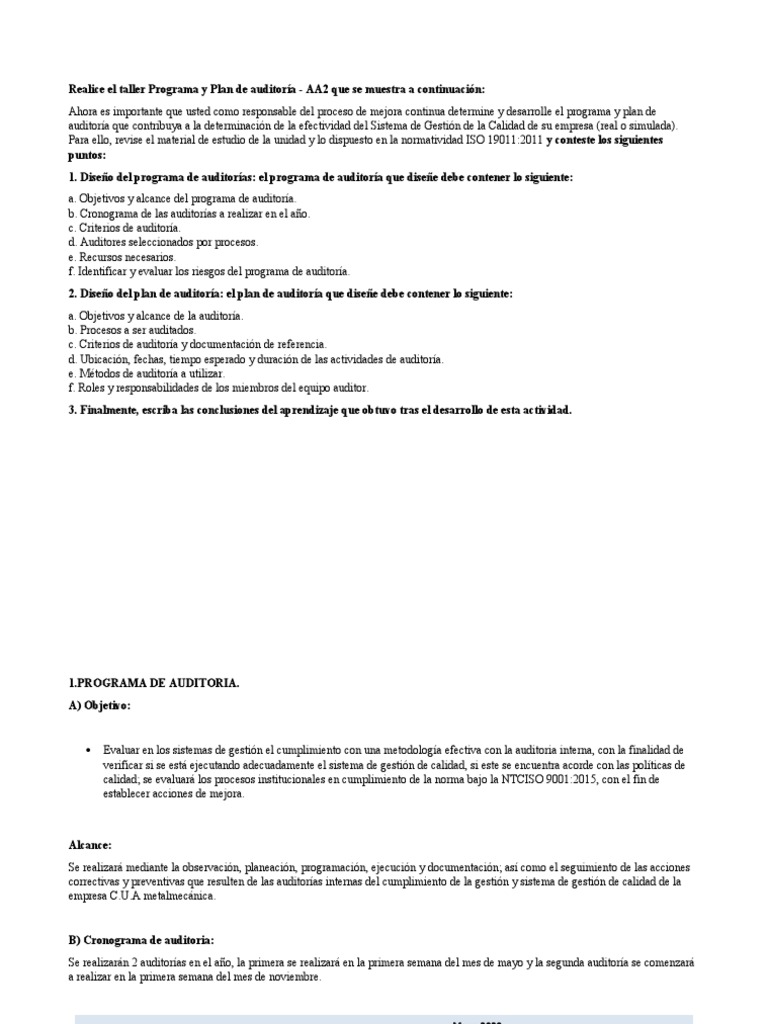 Programa y Plan de Auditoría ISO 9001 | PDF | Sistema de manejo de ...