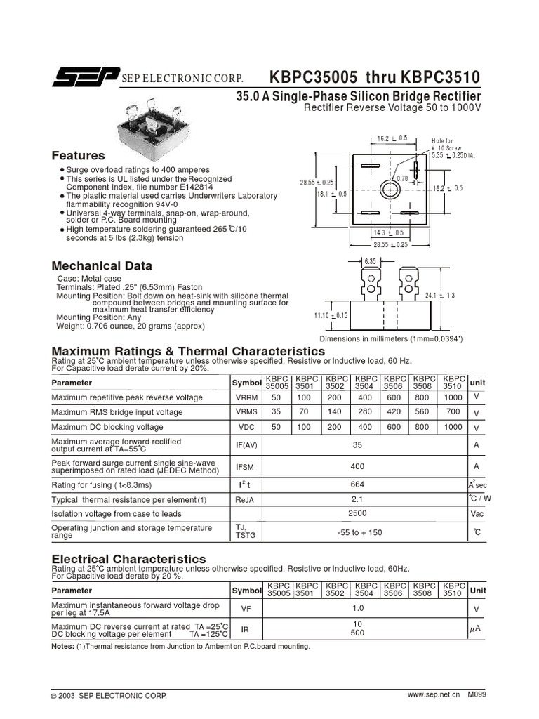 KBPC3510 Bridge Rectifier Specifications | PDF | Rectifier | Electrical ...