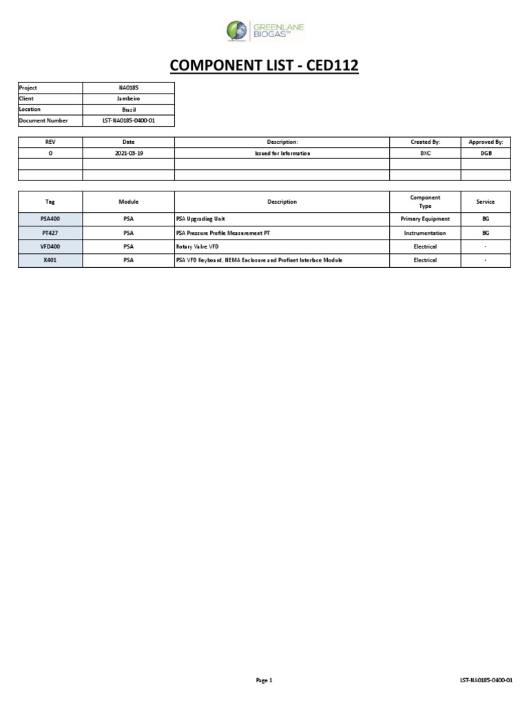 PSA Component List for Jambeiro Project | PDF