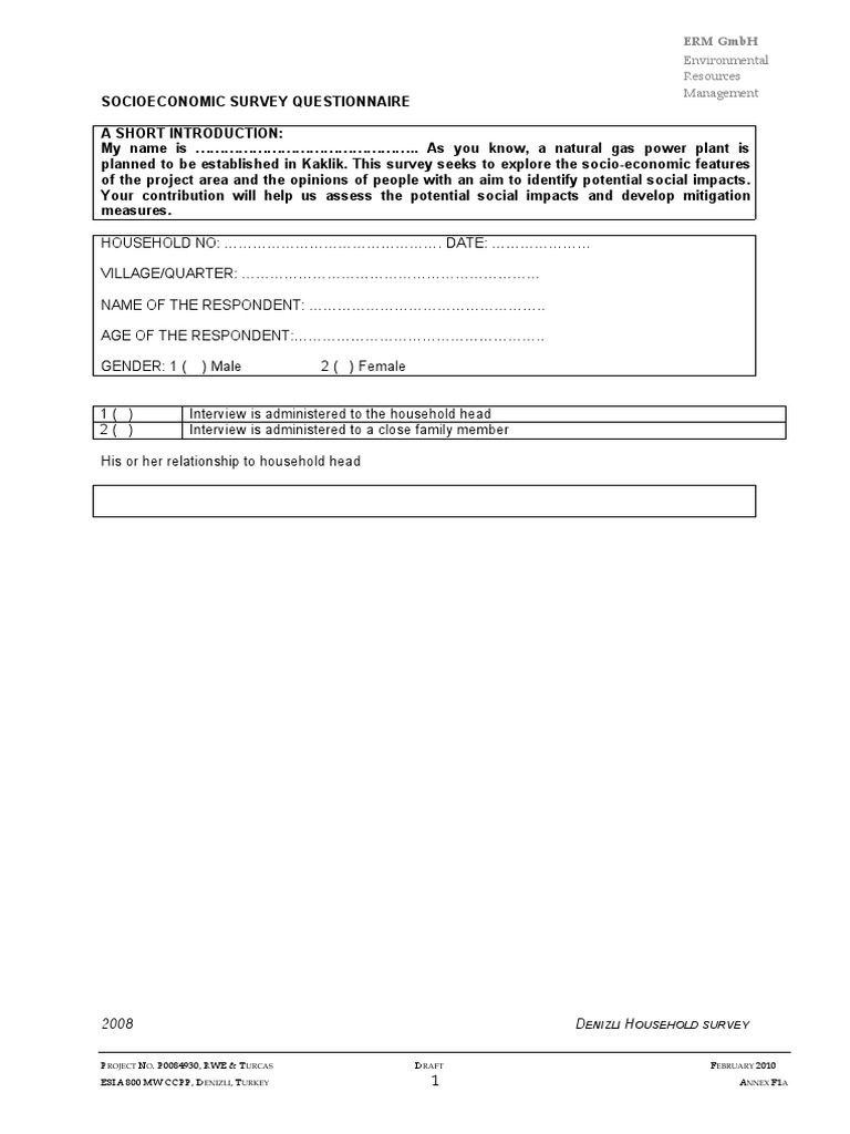 Socioeconomic Survey Questionnaire PDF Toilet Survey Methodology