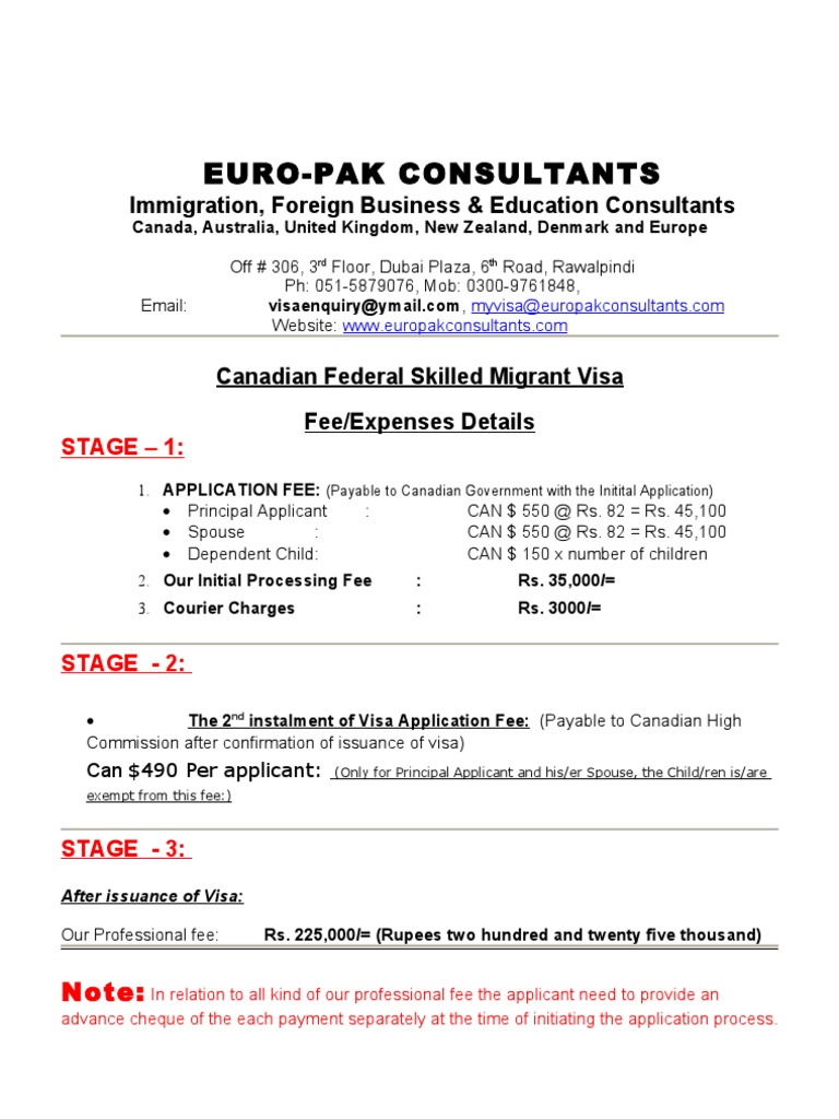 Canada - Skilled Migrant Visa Fee Details | PDF