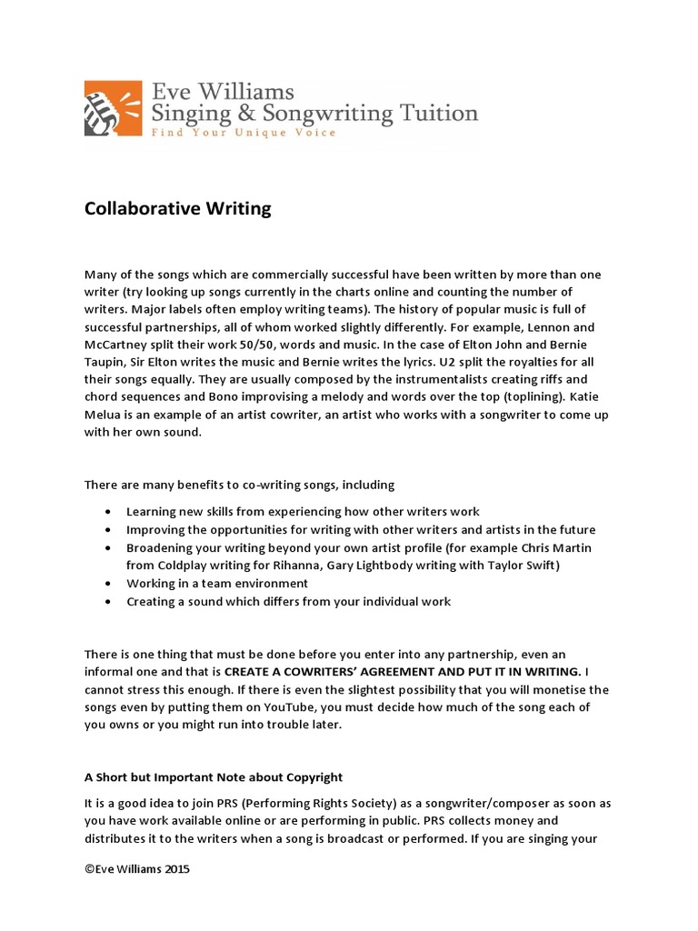 Collaborative Writing: ©eve Williams 2015 | PDF | Songwriter | Music ...
