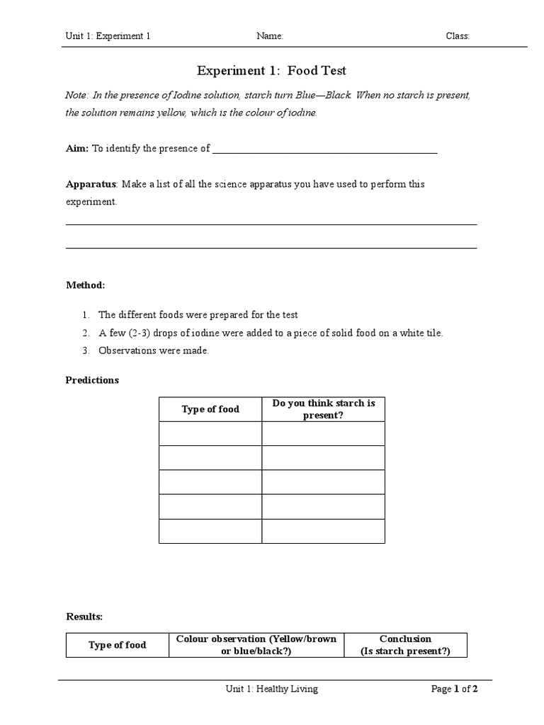 Experiment 1 Food Test The Solution Remains Yellow, Which Is The Colour of Iodine PDF