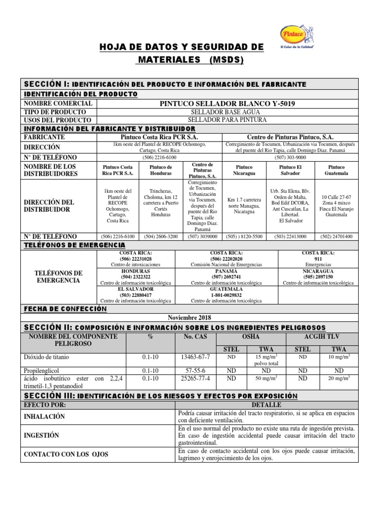 MSDS Sellador Blanco Y-5019 | PDF | Solubilidad | Agua