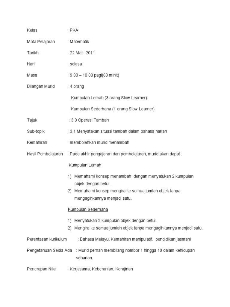 Rph Matematik Operasi Tambah Pendidikan Khas Pdf
