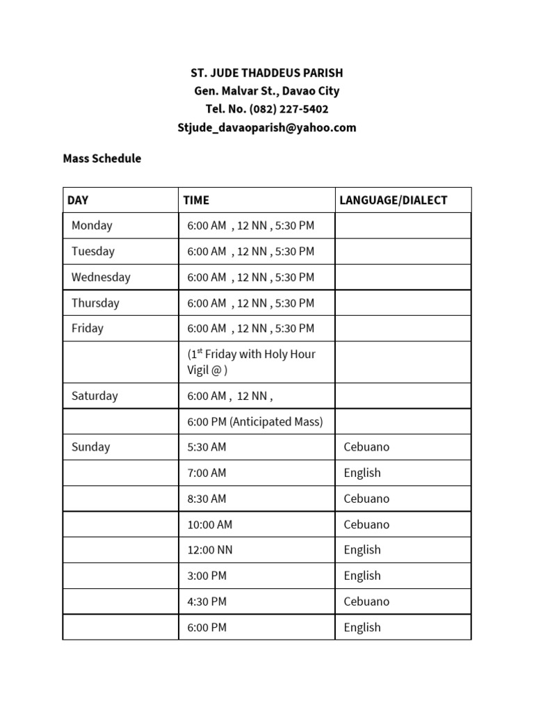 St Jude Davao Mass Schedule
