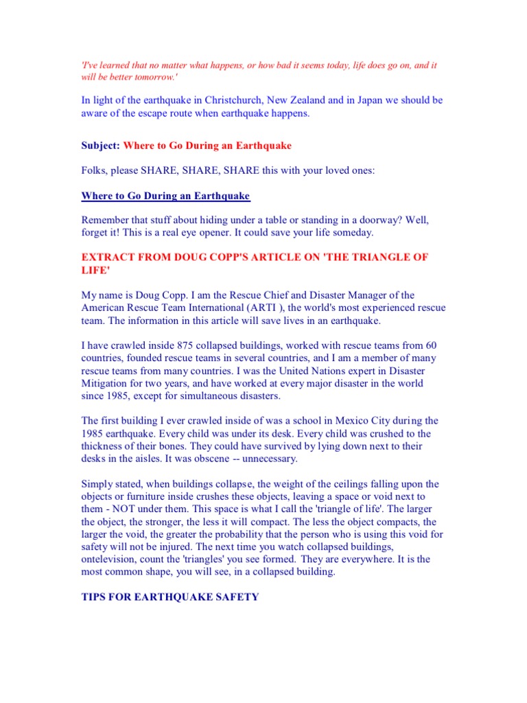 Doug Copp's Triangle of Life Explained | PDF | Disaster And Accident ...