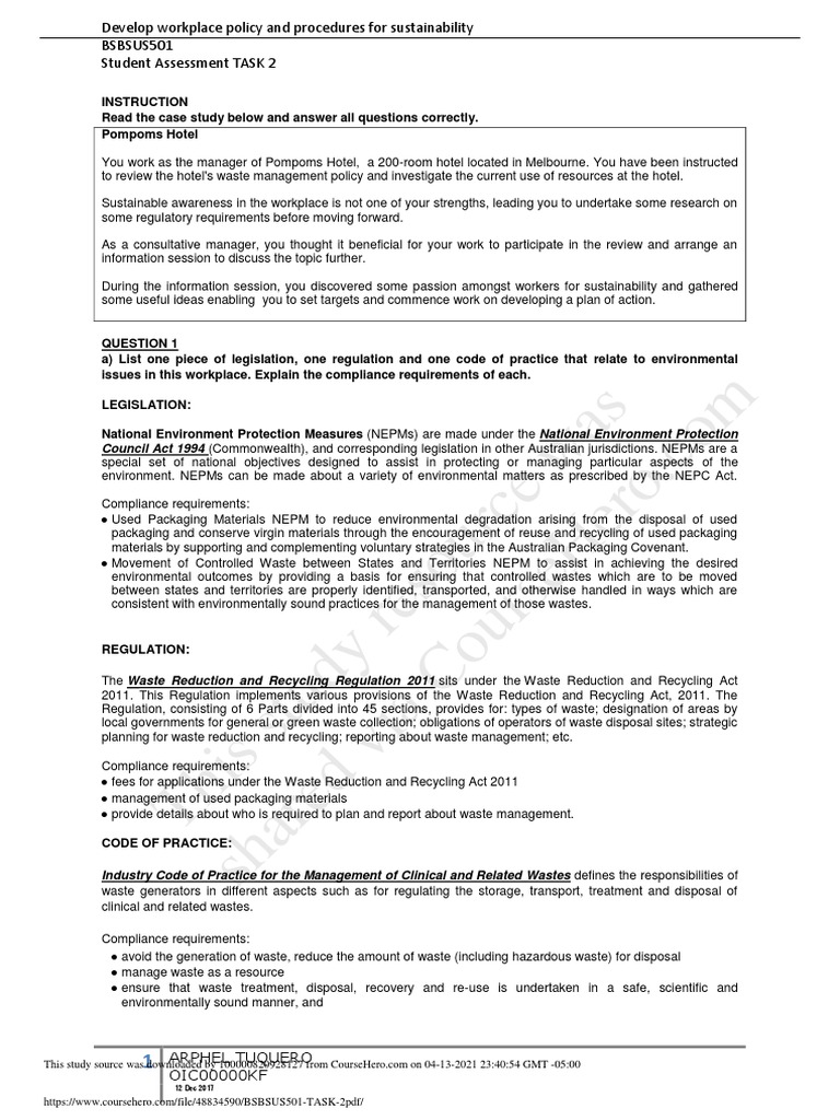 Bsbsus501 Task 2 PDF | PDF | Waste Management | Waste