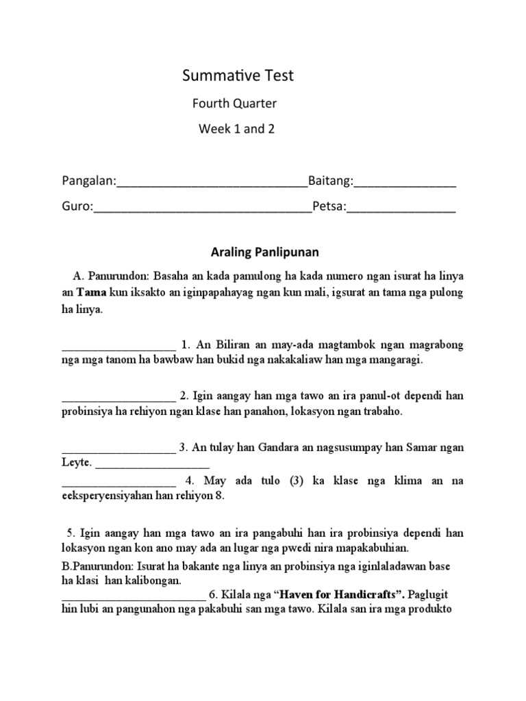 Summative Test Quarter 4 Week 1 and 2 | PDF