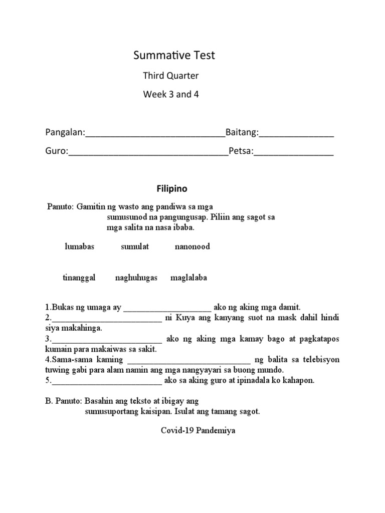 Summative Test Quarter 3 Week 3and 4 | PDF