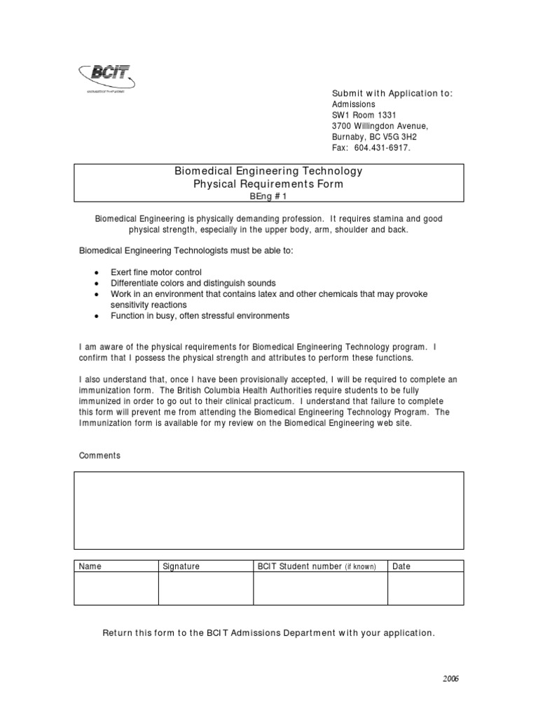 Biomed Physical Requirements Form | PDF