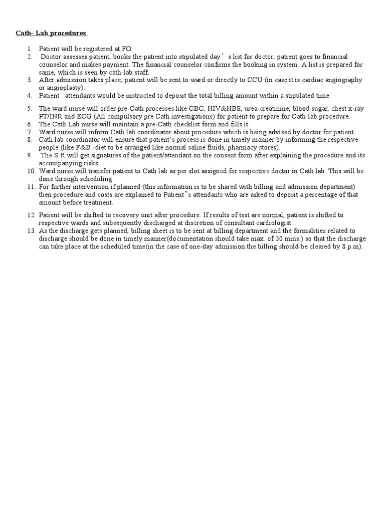 Cath Lab Procedure Workflow Guide | PDF