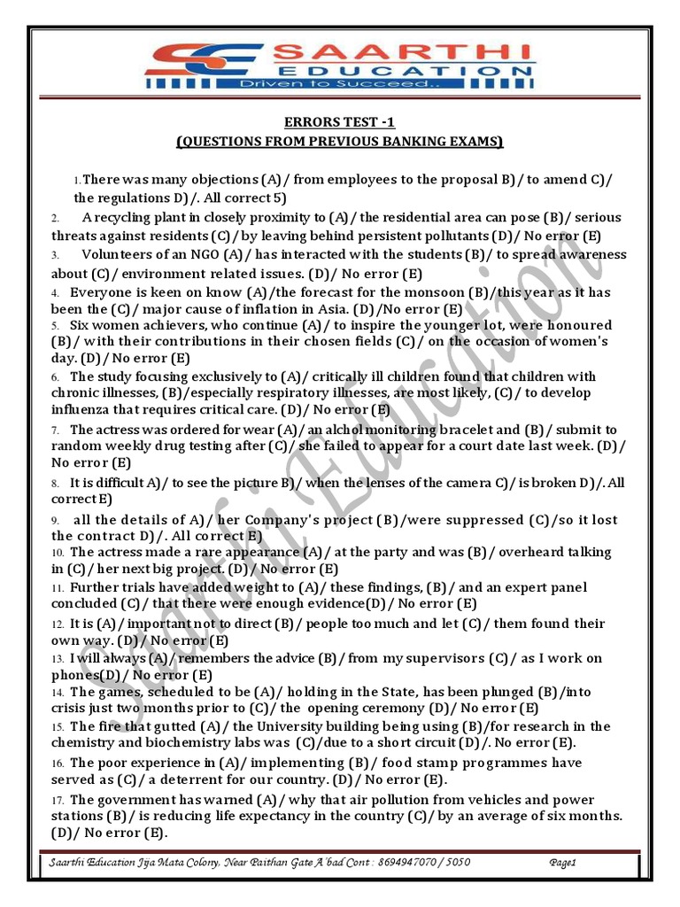 Errors Test 1 (Questions From Previous Banking Exams) PDF