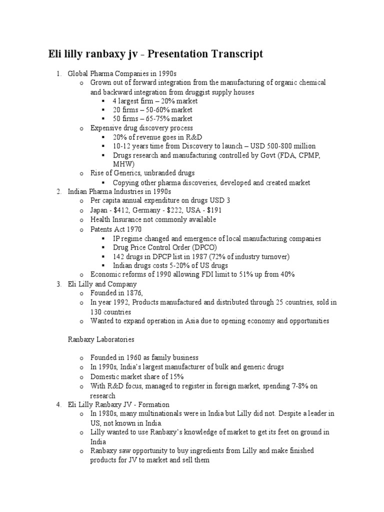 Ranbaxy and Eli Lilly | PDF | Generic Drug | Pharmaceutical Industry