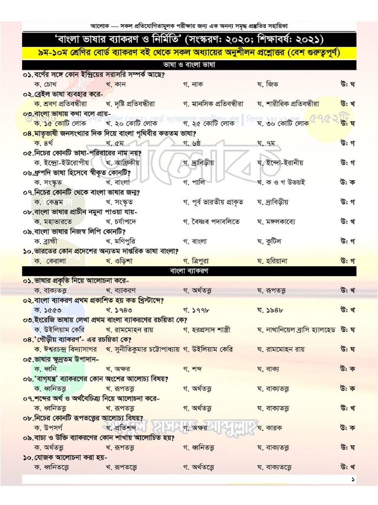 Class 9 10 bangla grammar mcq pdf