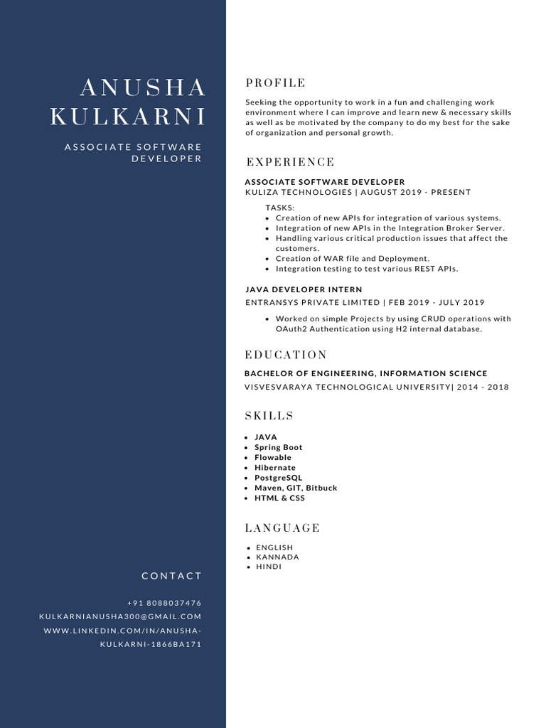 Anusha Kulkarni: Software Developer Profile | PDF