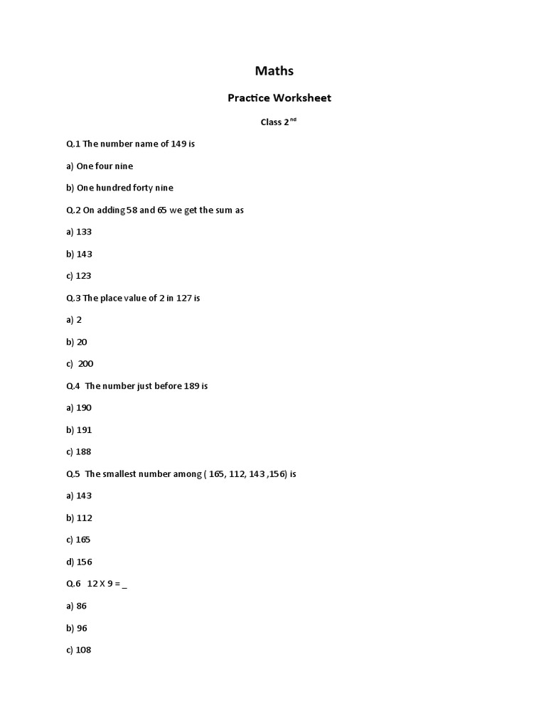 Class 2 Maths Practice Worksheet | PDF