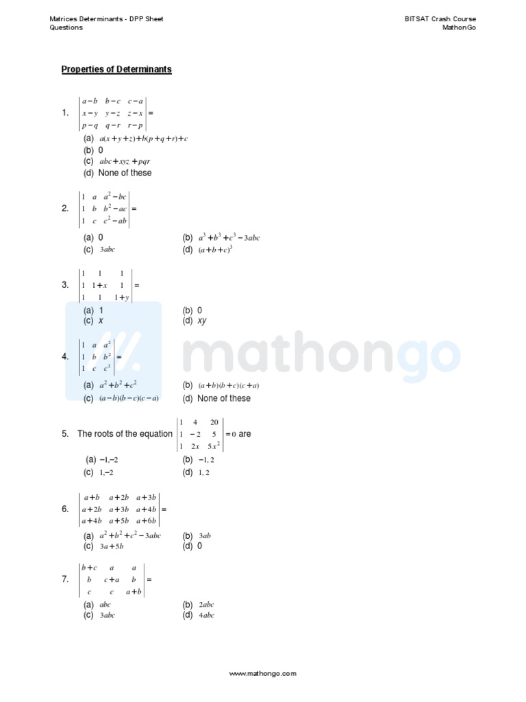 Question Matrices Determinants Sheet MathonGo BITSAT Crash Course