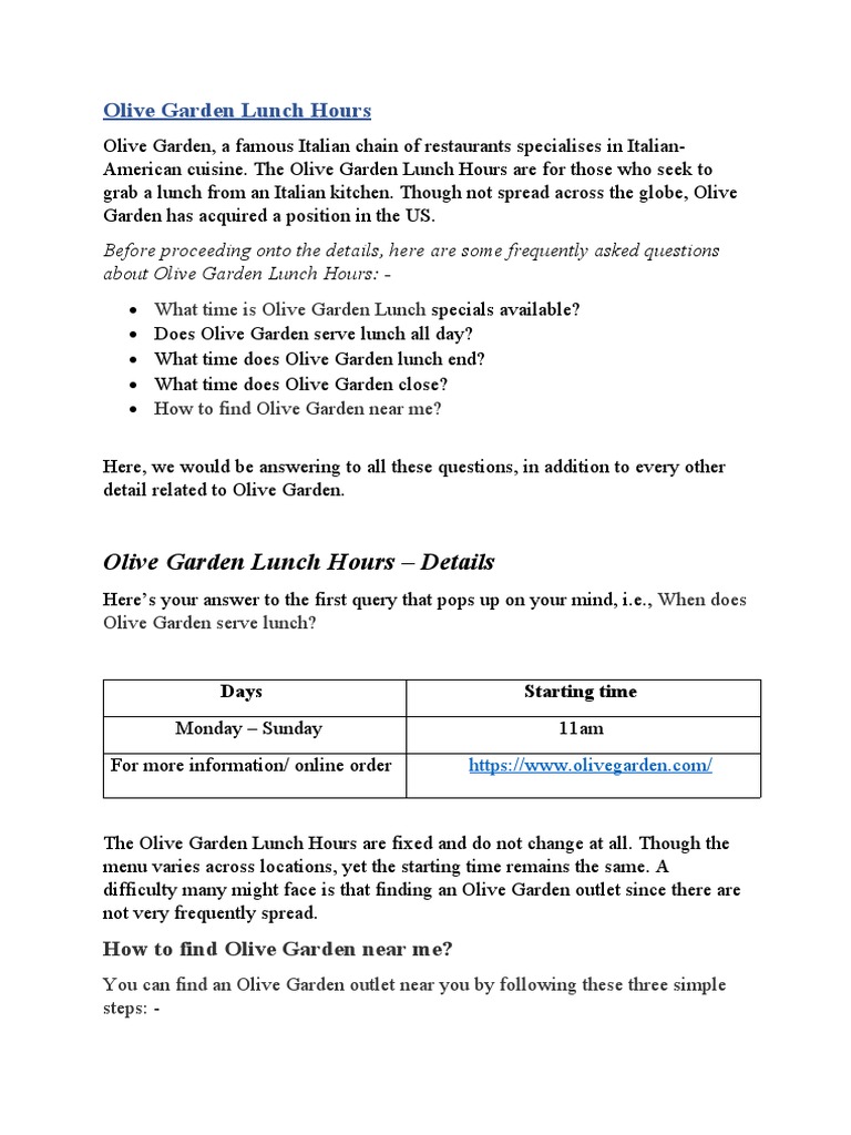 Olive Garden Lunch Hours PDF Hors D'oeuvre Lunch