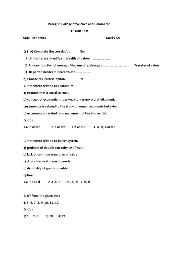 Class 11 Economics 1st Unit Test Paper | PDF | Teaching Methods ...