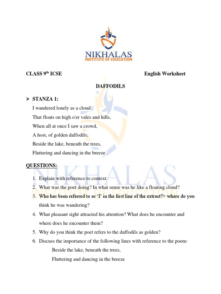 Class 9 Icse English Worksheet Daffodils PDF Poetry