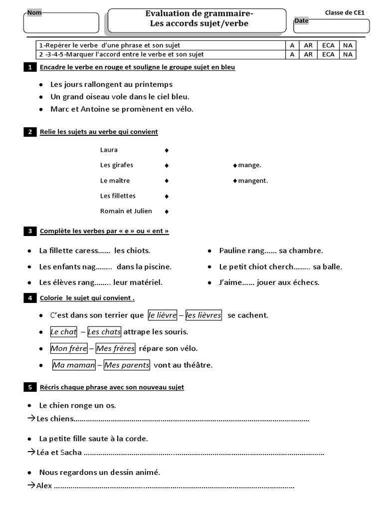 évaluation Accord Sujet Verbe Cm1 Pdf Ev Accord Suje - Verbe | PDF