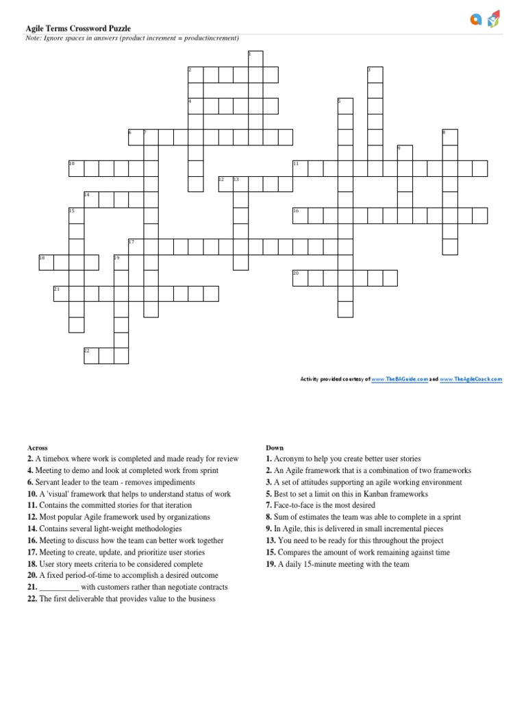 Agile Terms Crossword Puzzle Activity Provided Courtesy of and PDF