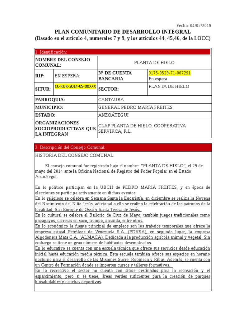 Plan de Desarrollo Comunal Planta de Hielo | PDF | Venezuela | Agricultura