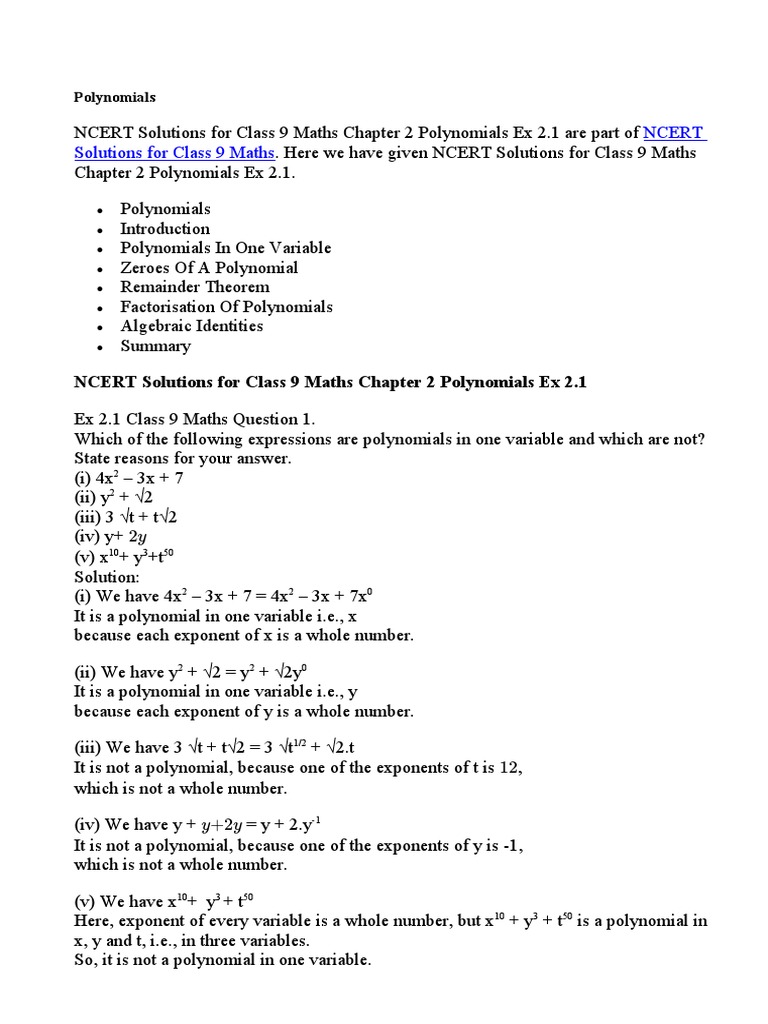 NCERT Solutions For Class 9 Maths Chapter 2 Polynomials Ex 2.1 | PDF ...