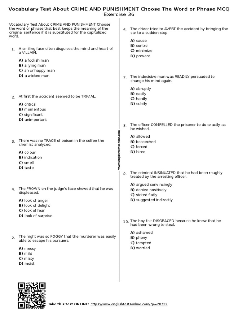 Crime and Punishment Vocabulary Test | PDF | Misconduct | Justice