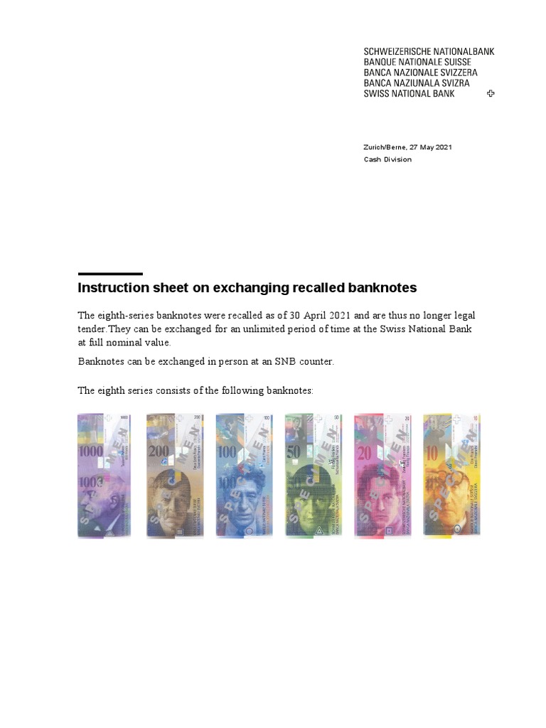 Exchanging Recalled Swiss Banknotes | PDF | Swiss National Bank ...