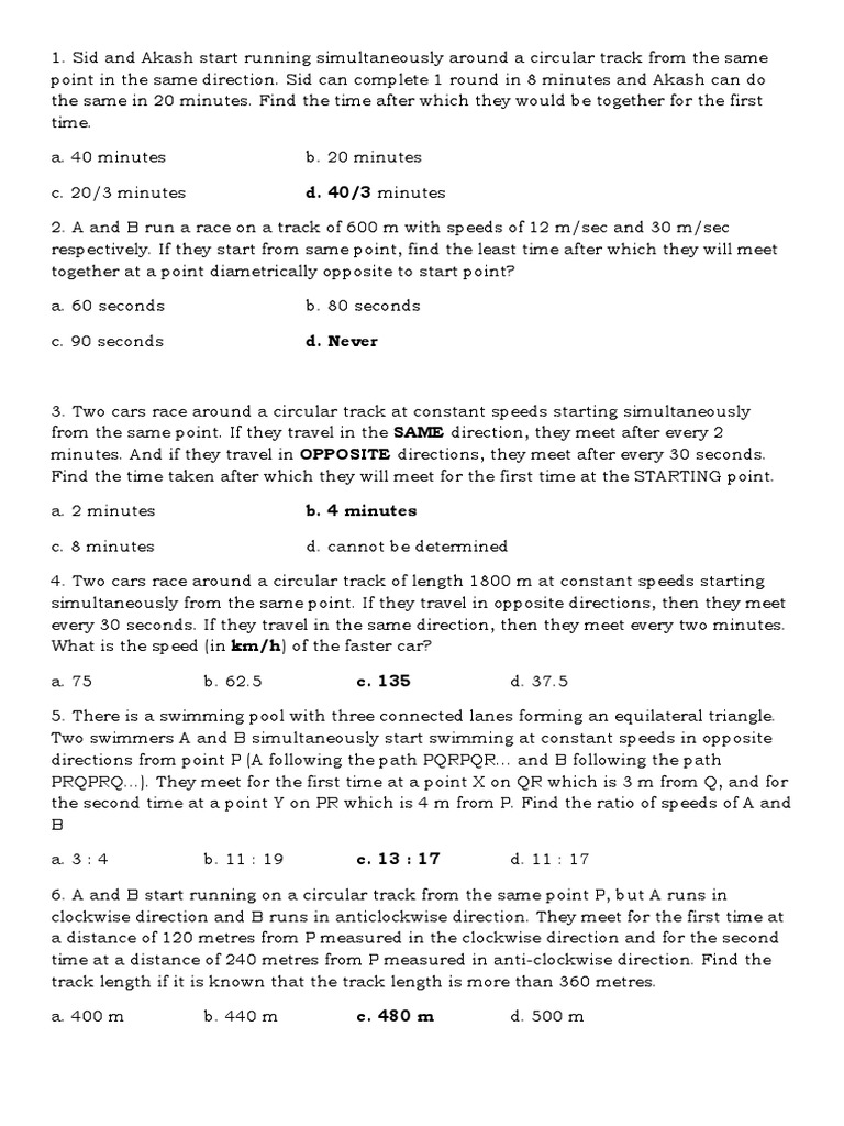 Circular Track Race Problems And Solutions PDF Speed Length