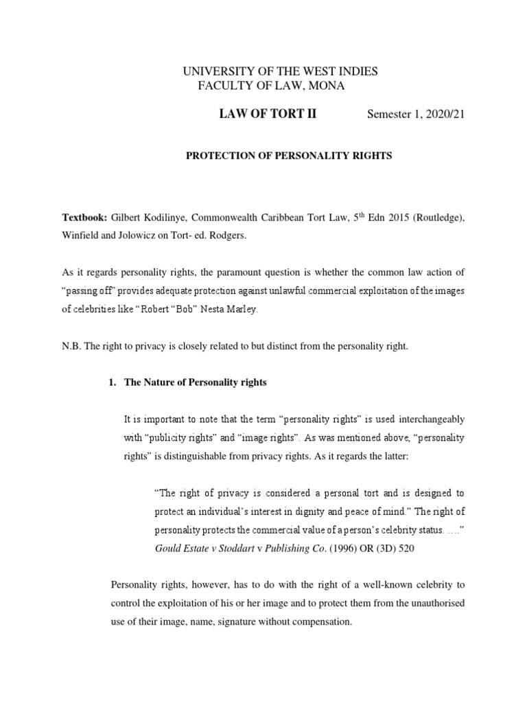 Tort ii worksheet 5 protection of personality rights pdf