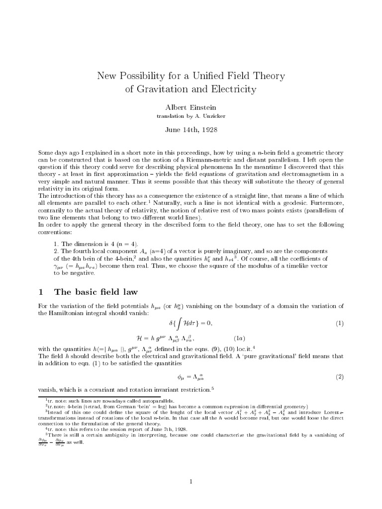 (Einstein 1928) New Possibility For A Unified Field Theory of ...