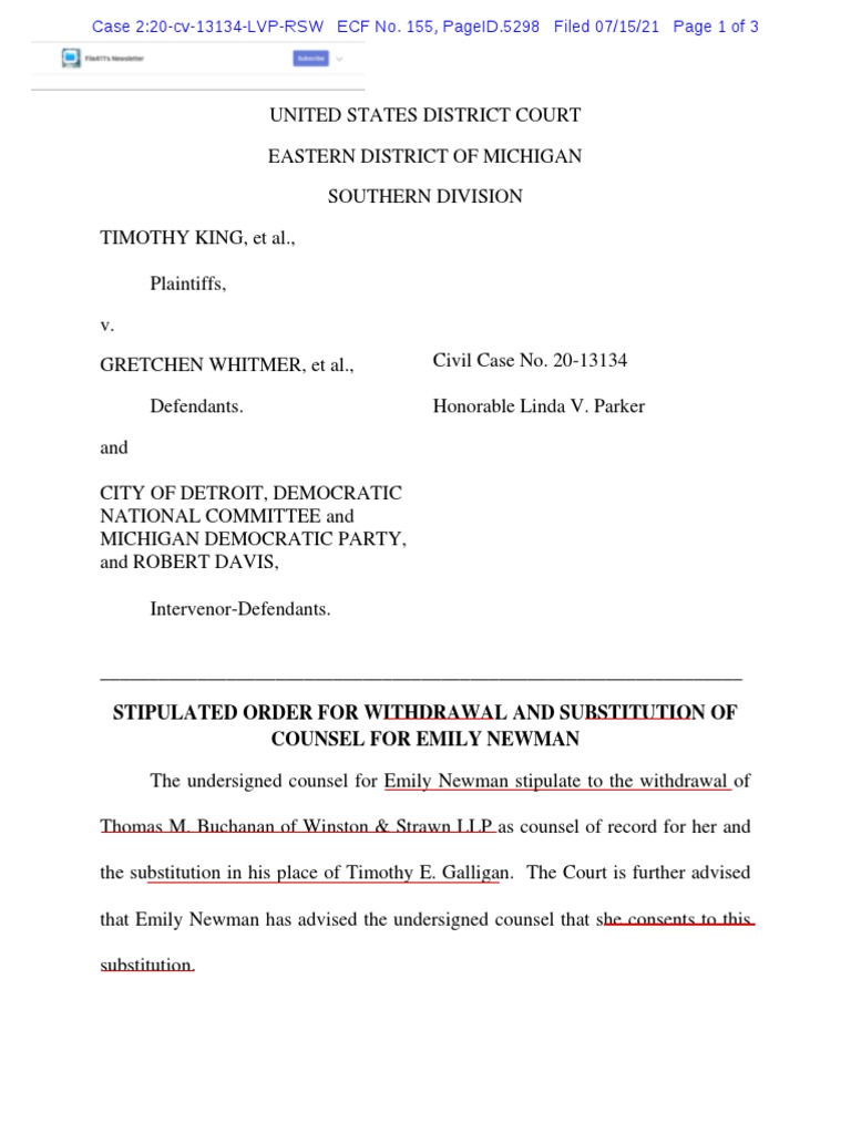 Stipulation Withdrawal & Replacement On Behalf of Emily Newman | PDF