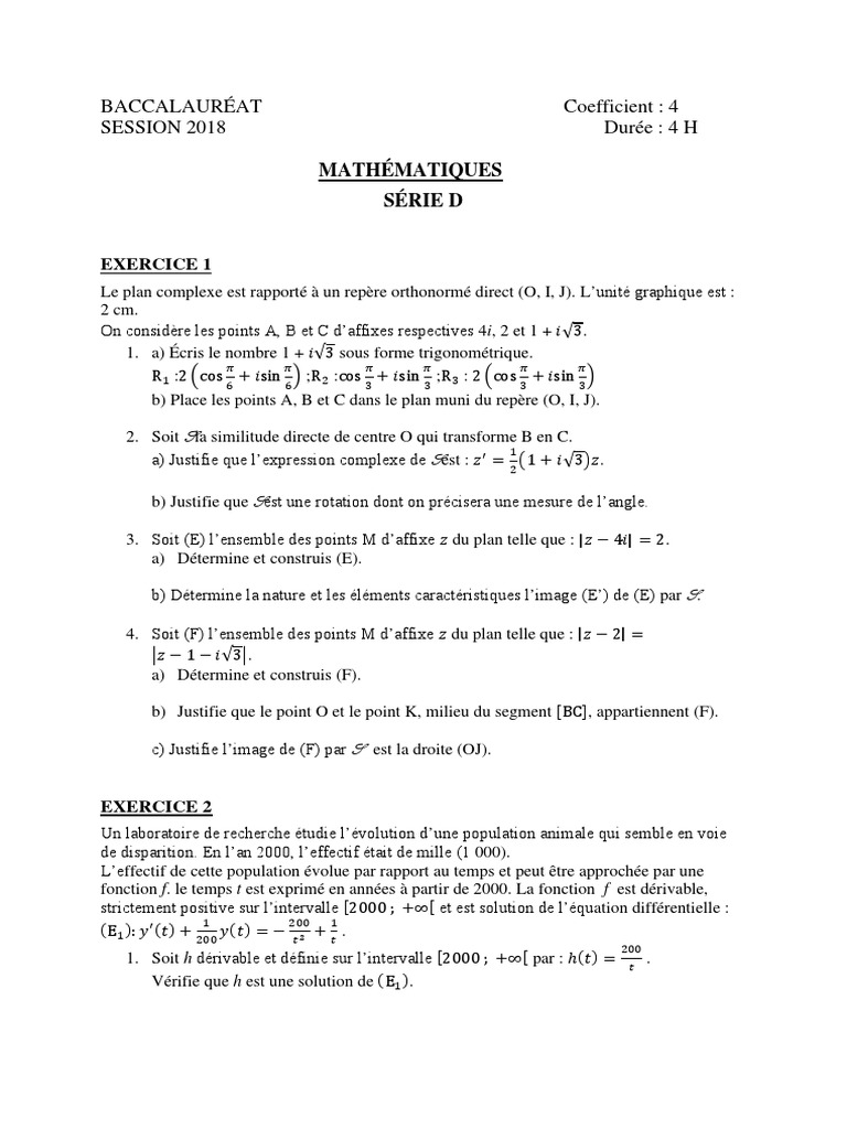 Baccalauréat 2018 : Mathématiques Série D | PDF | Nombre complexe ...