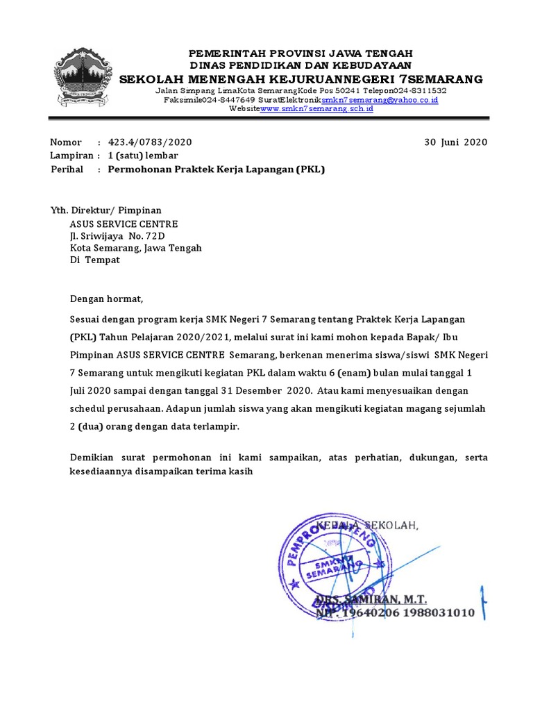 Contoh Surat Permohonan Magang / PKL SMK Ke Industri | PDF