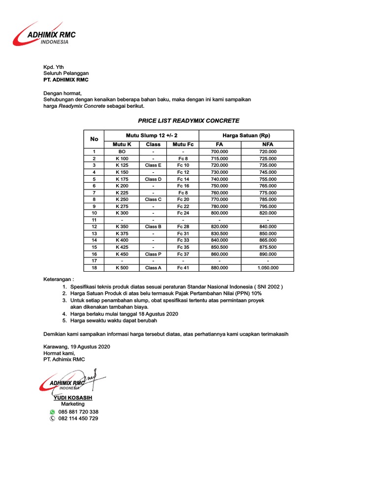 Price List Readymix Concrete PDF