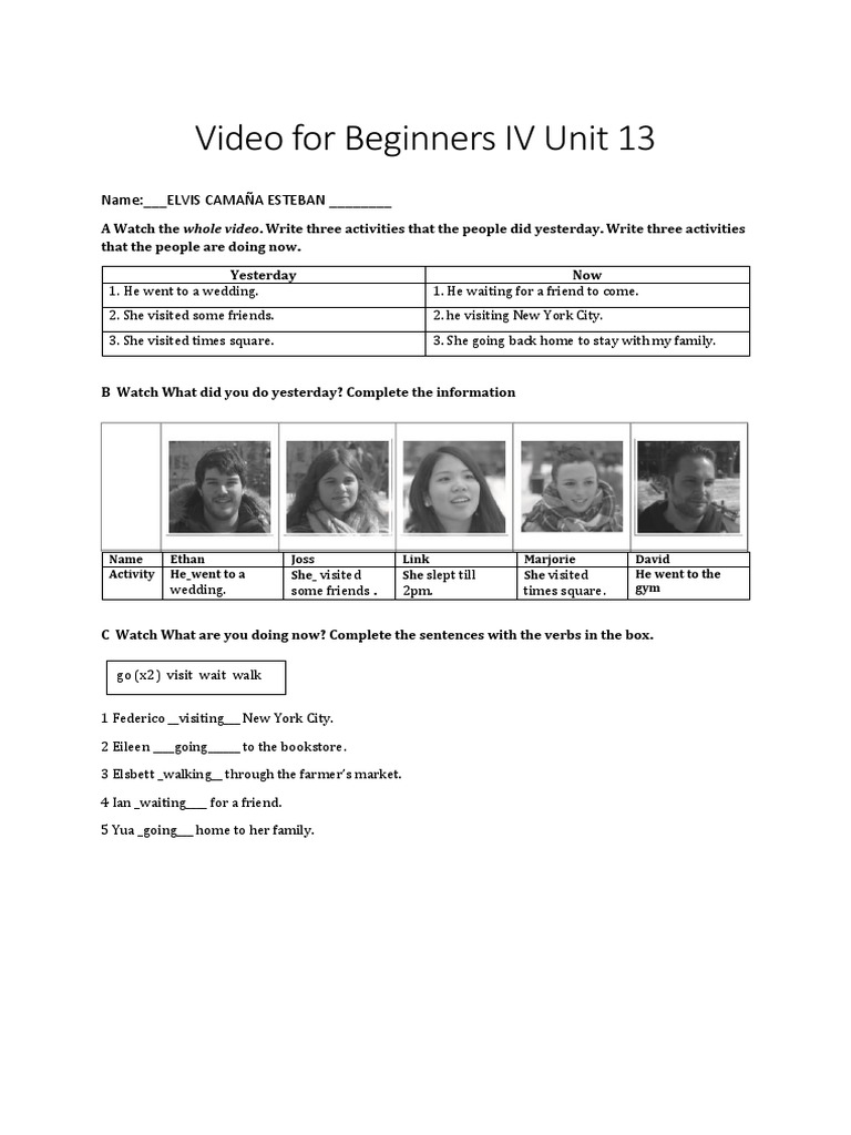 Beginners IV Unit 13 Videoworksheet | PDF image.