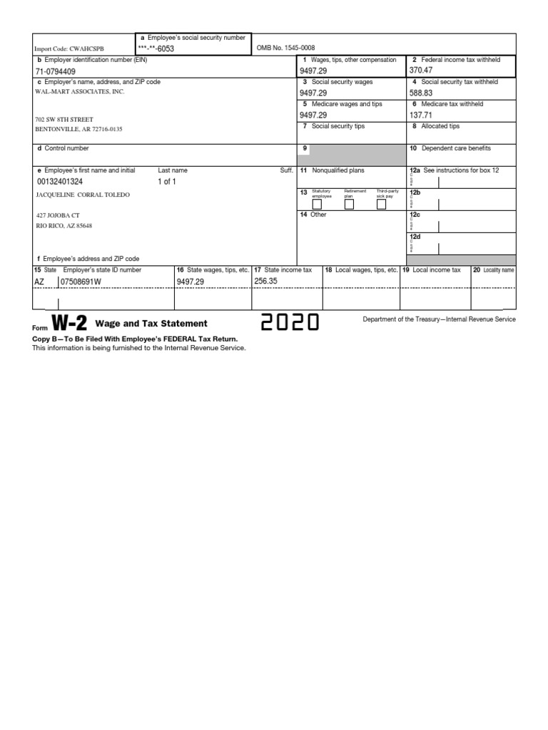 Employee Wage and Tax Statement for Jacqueline Corral Toledo from Wal