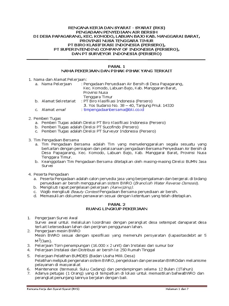 RKS Pengadaan Air Bersih Desa Papagarang | PDF | Bisnis
