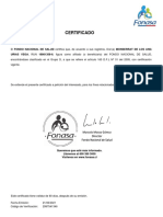Certificado: URIAS VEGA, RUN 18861358-6, Figura Como Afiliado (O Beneficiario) Del FONDO NACIONAL DE SALUD