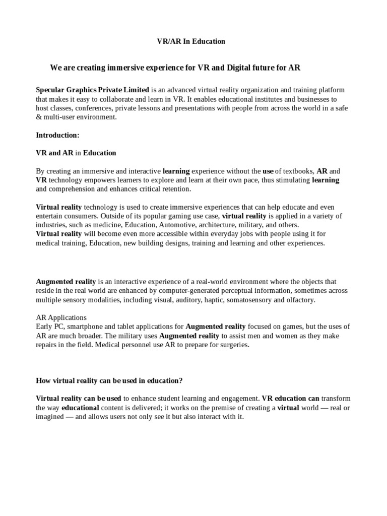 VR/AR Transforming Education Experience | PDF | Augmented Reality ...